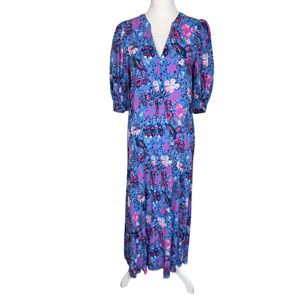 Lilly Pulitzer Blue Pink Floral Bird V-Neck Puff Sleeve Midi Dress Size 6